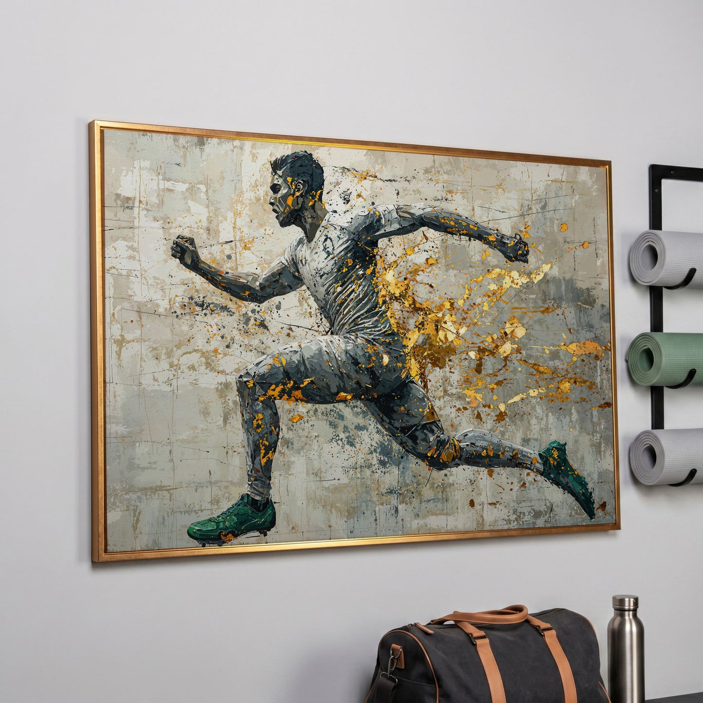 Abstract Runner Canvas Print with Gold Accents in rose gold floating frame