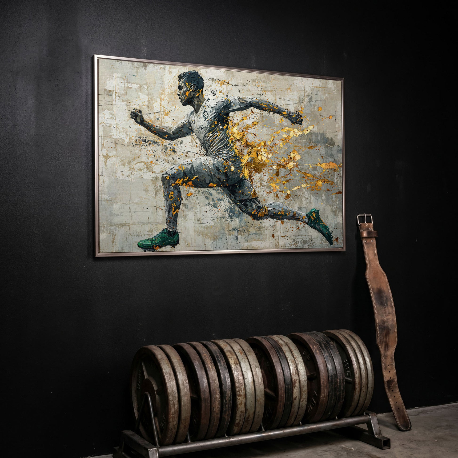 Abstract Runner Canvas Print with Gold Accents in silver floating frame