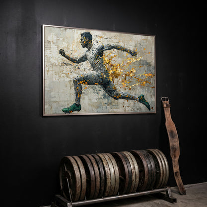 Abstract Runner Canvas Print with Gold Accents in silver floating frame