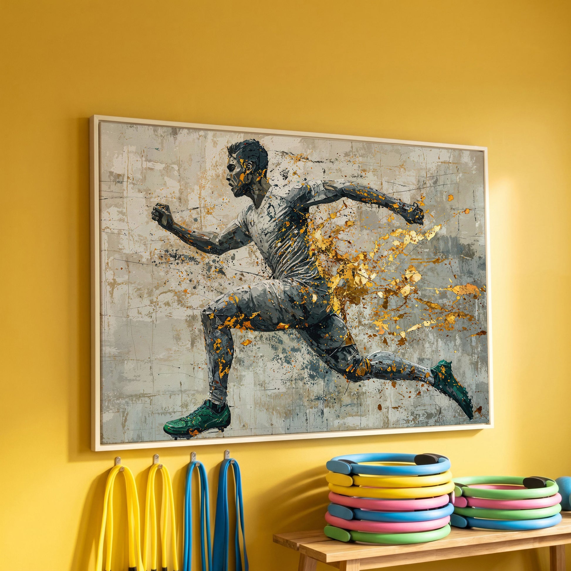 Abstract Runner Canvas Print with Gold Accents in white floating frame