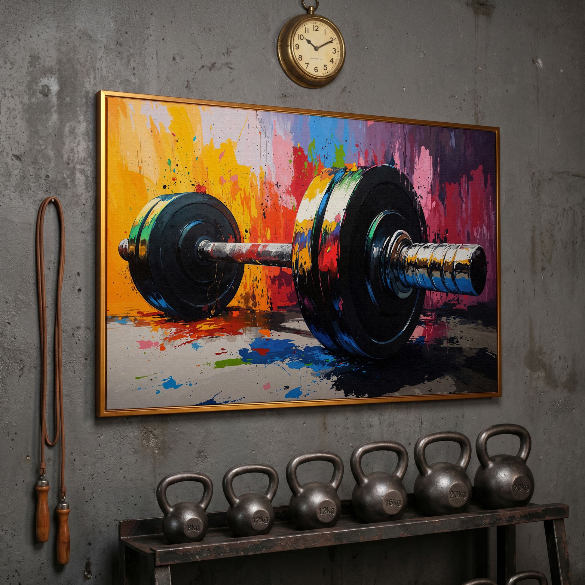 Colorful Barbell Abstract Canvas in antique gold floating frame