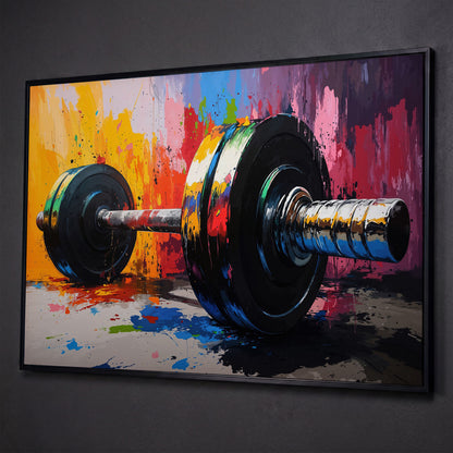 Colorful Barbell Abstract Canvas shown in black floating frame