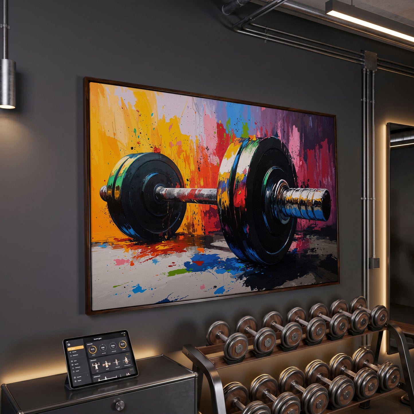 Colorful Barbell Abstract Canvas in dark walnut floating frame