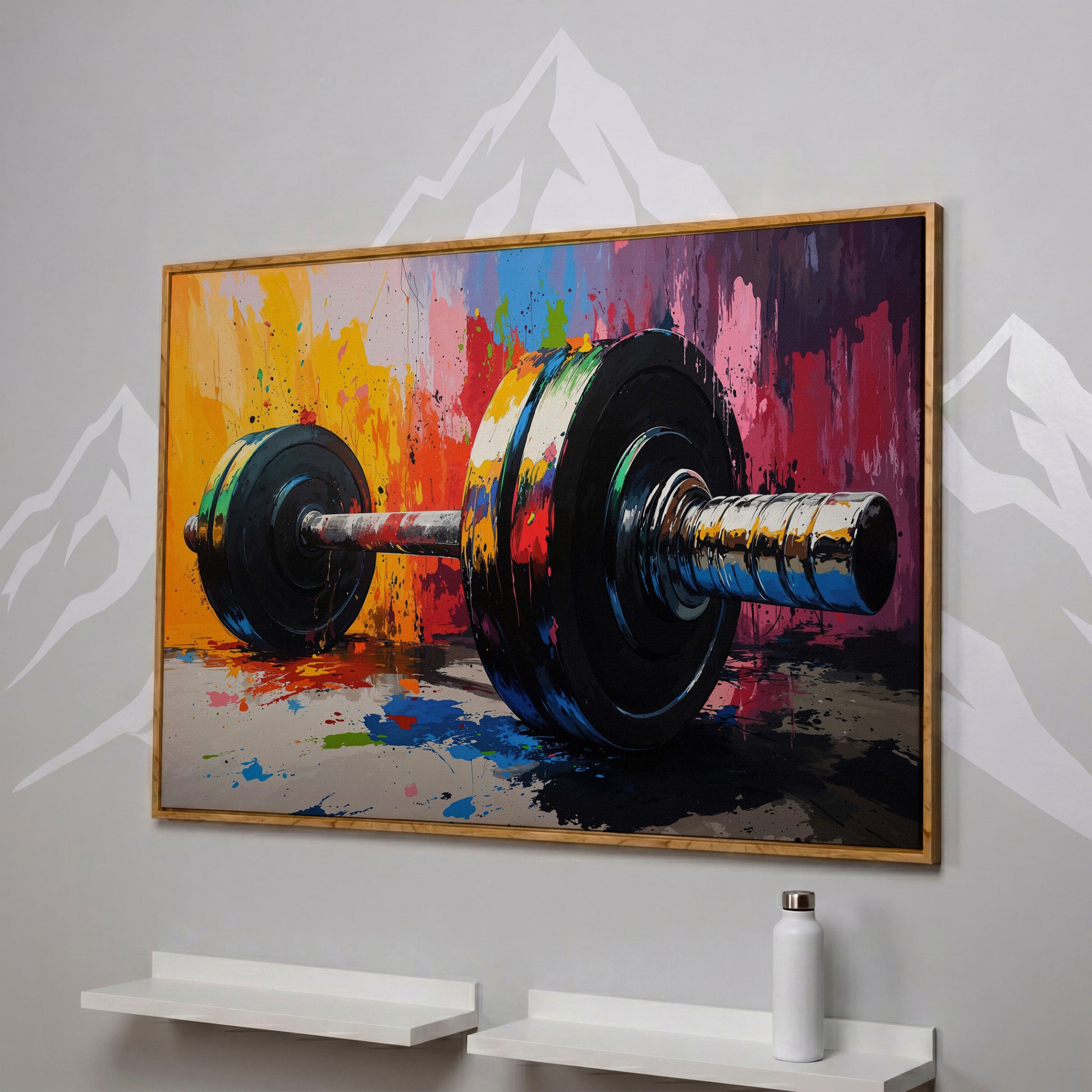 Colorful Barbell Abstract Canvas in white oak floating frame