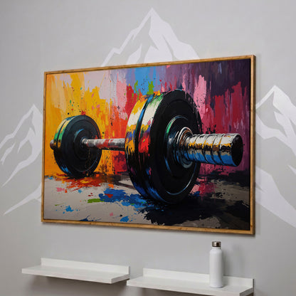 Colorful Barbell Abstract Canvas in white oak floating frame