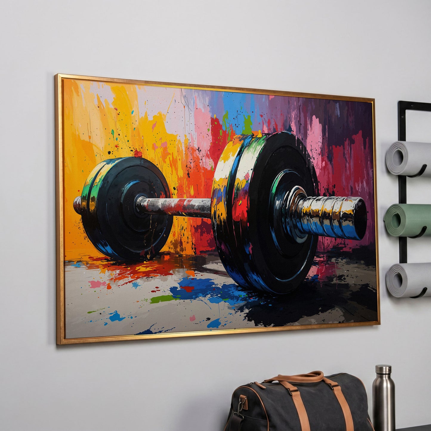 Colorful Barbell Abstract Canvas in rose gold floating frame