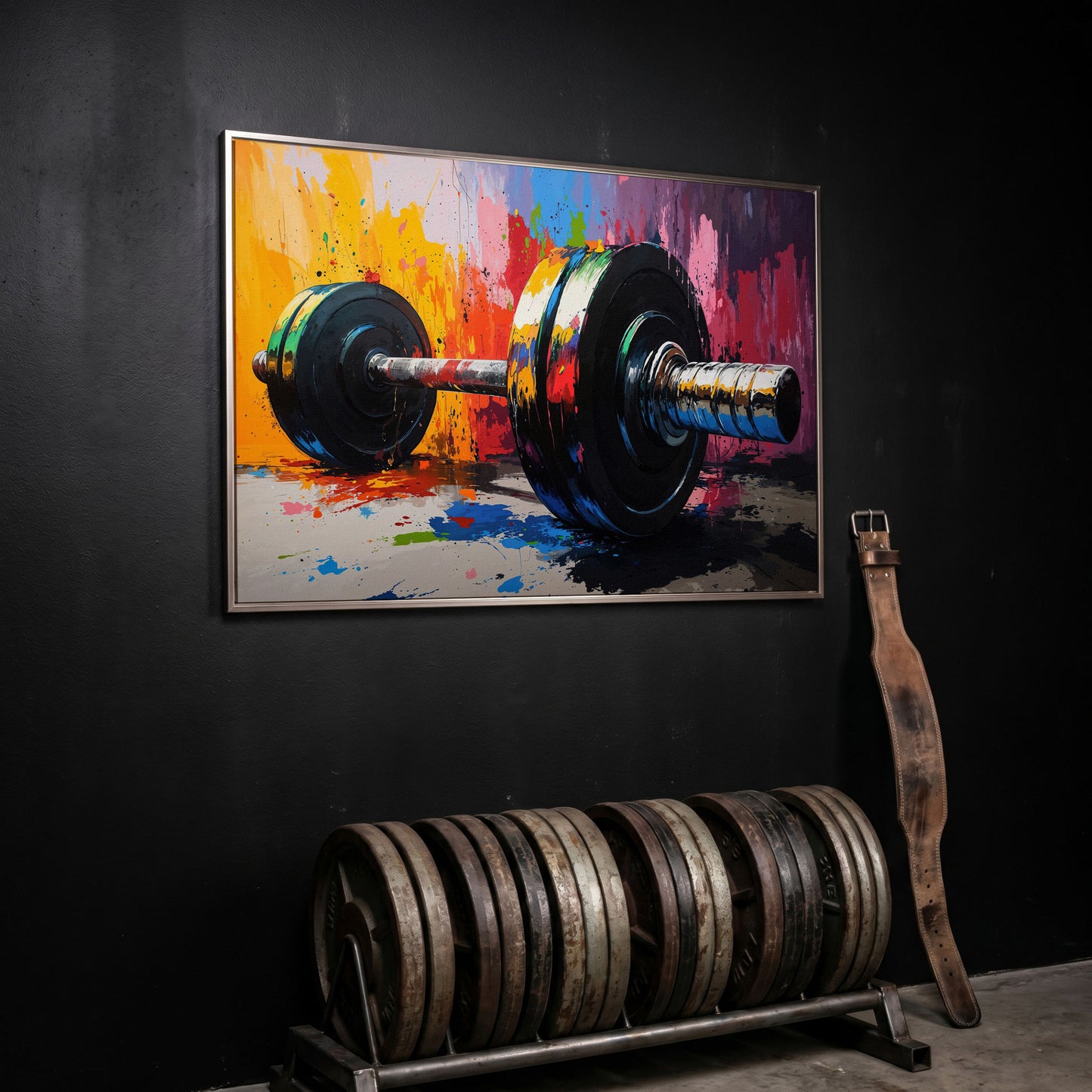 Colorful Barbell Abstract Canvas in silver floating frame