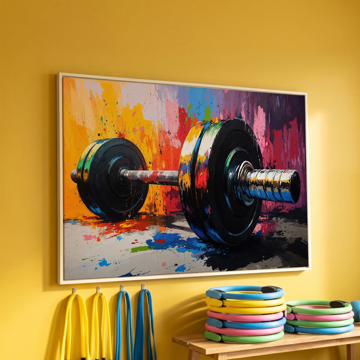 Colorful Barbell Abstract Canvas in white floating frame