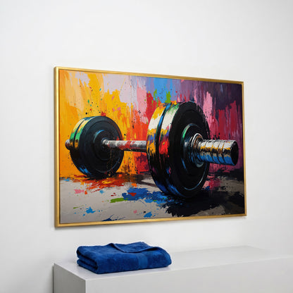 Colorful Barbell Abstract Canvas in yellow gold floating frame