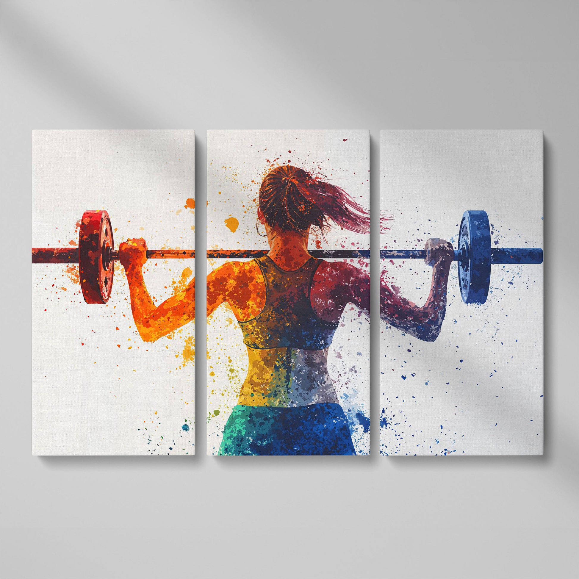 Woman Lifting Weights Canvas Print, Teal & Burnt Orange as 3-panel split version