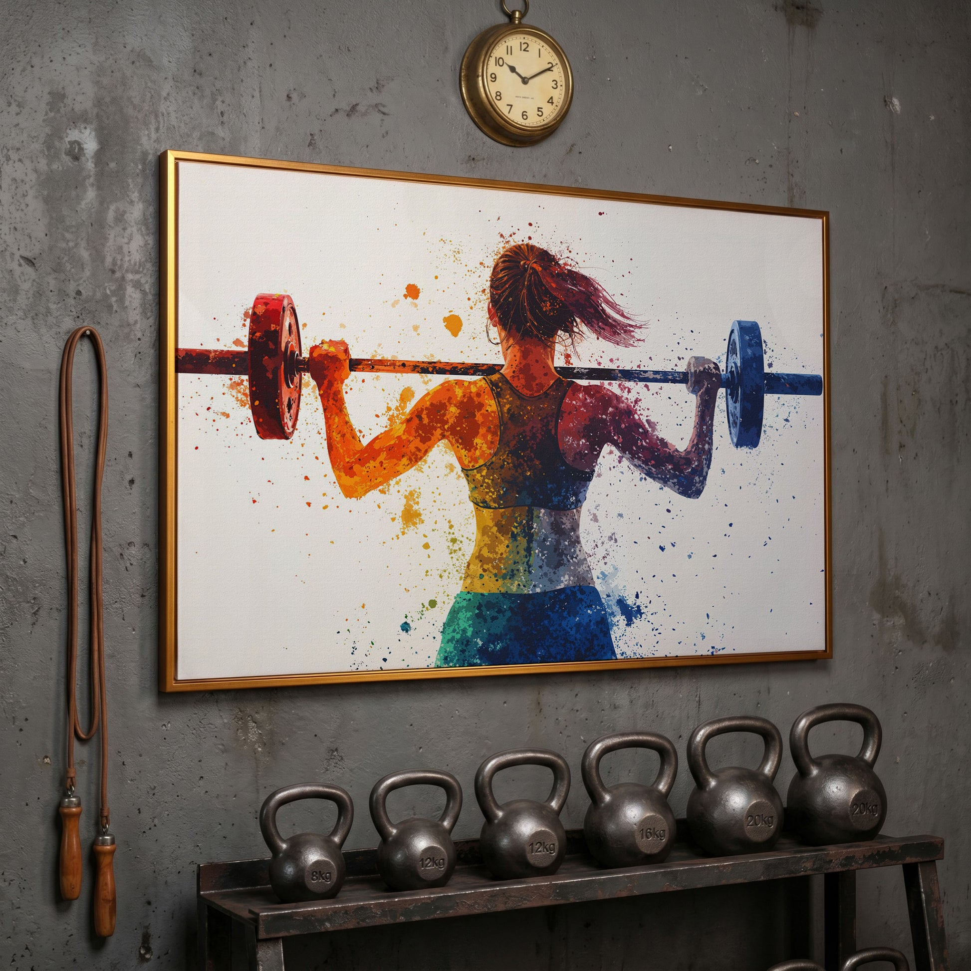 Woman Lifting Weights Canvas Print, Teal & Burnt Orange in antique gold floating frame