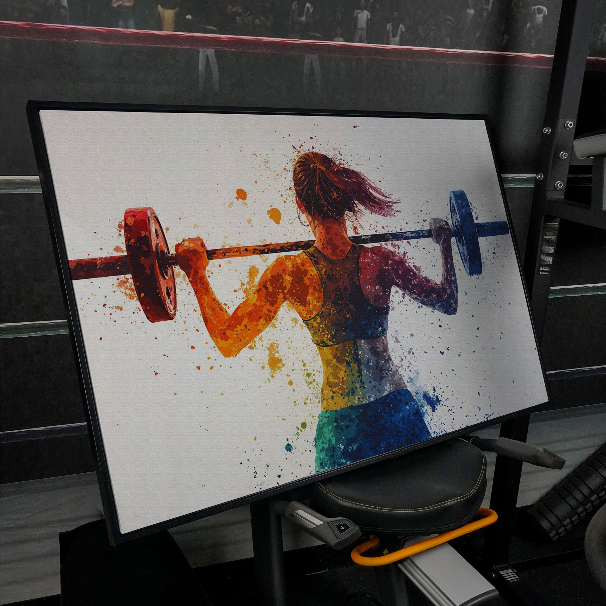 Woman Lifting Weights Canvas Print, Teal & Burnt Orange in black floating frame