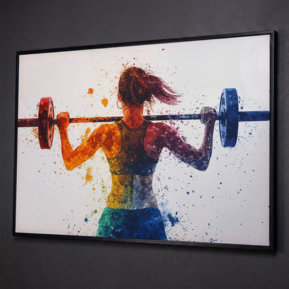 Woman Lifting Weights Canvas Print, Teal & Burnt Orange shown in black floating frame
