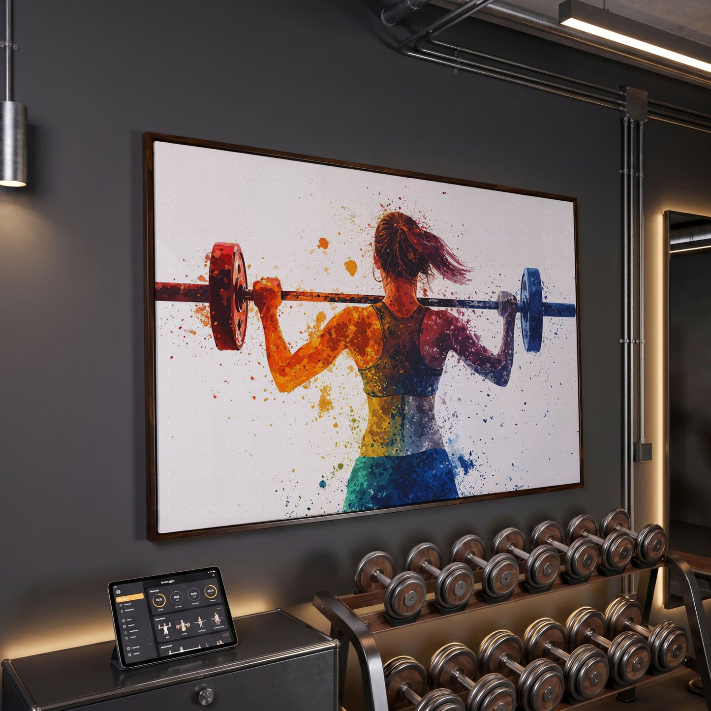 Woman Lifting Weights Canvas Print, Teal & Burnt Orange in dark walnut floating frame