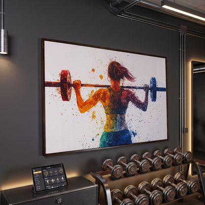 Woman Lifting Weights Canvas Print, Teal & Burnt Orange in dark walnut floating frame