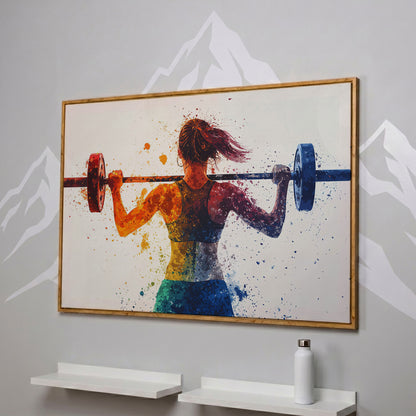 Woman Lifting Weights Canvas Print, Teal & Burnt Orange in white oak floating frame
