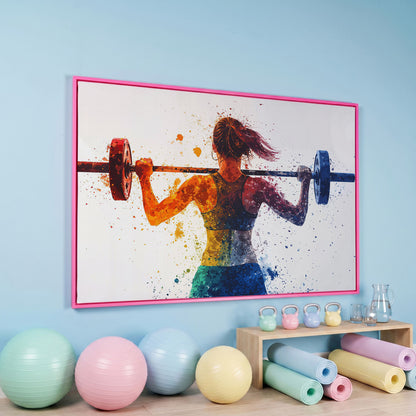 Woman Lifting Weights Canvas Print, Teal & Burnt Orange in pink floating frame