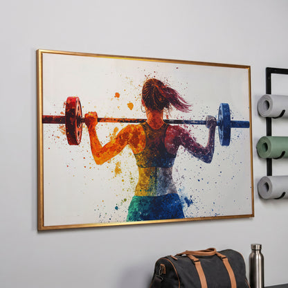 Woman Lifting Weights Canvas Print, Teal & Burnt Orange in rose gold floating frame