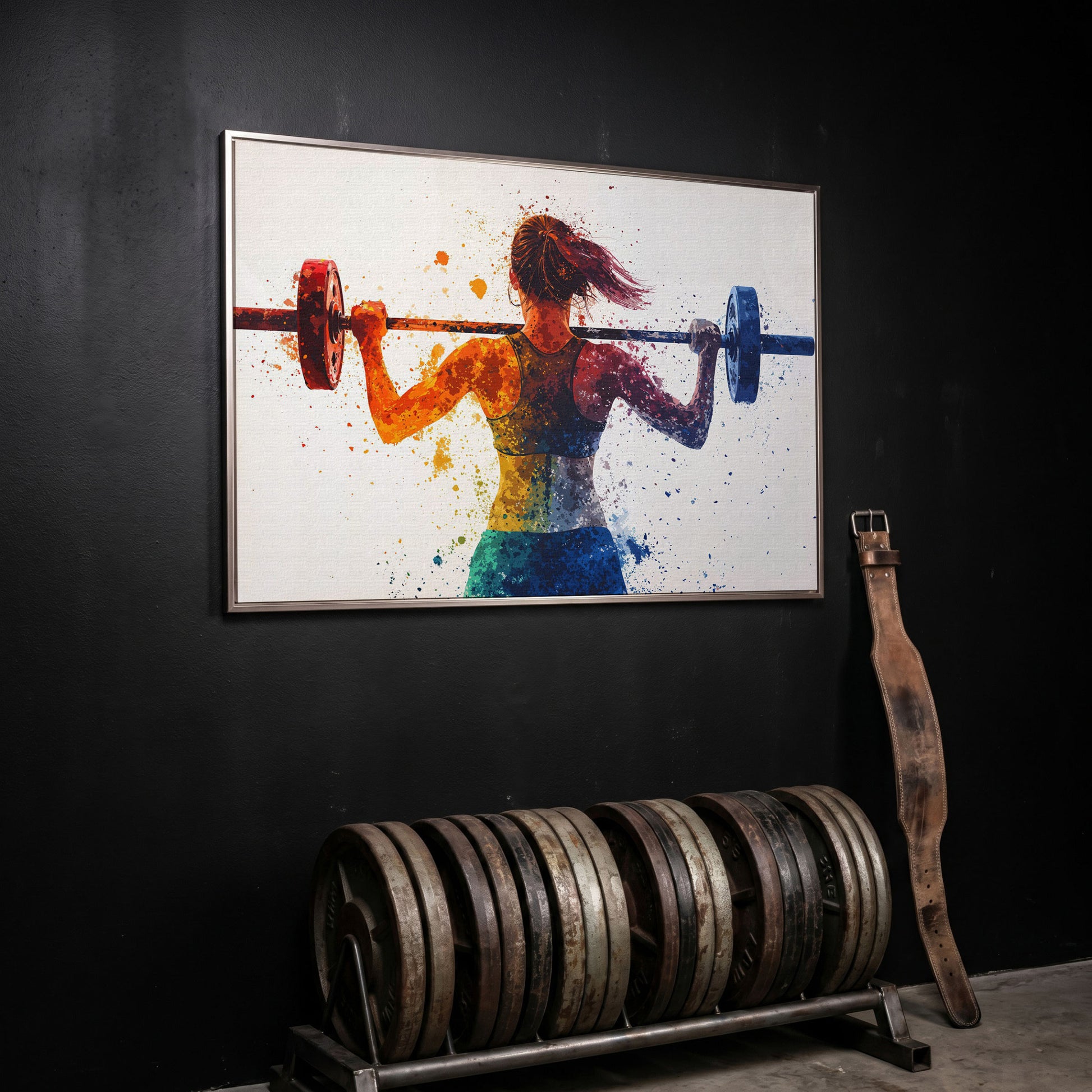 Woman Lifting Weights Canvas Print, Teal & Burnt Orange in silver floating frame