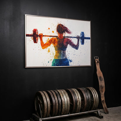 Woman Lifting Weights Canvas Print, Teal & Burnt Orange in silver floating frame