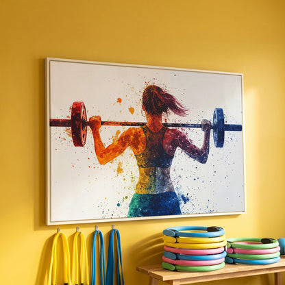 Woman Lifting Weights Canvas Print, Teal & Burnt Orange in white floating frame