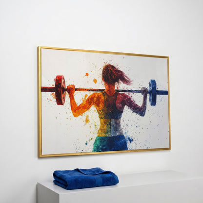 Woman Lifting Weights Canvas Print, Teal & Burnt Orange in yellow gold floating frame