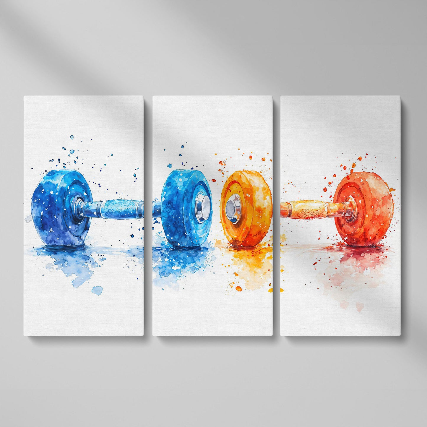 Watercolor Dumbbells Canvas Print, Blue & Orange as 3-panel split version