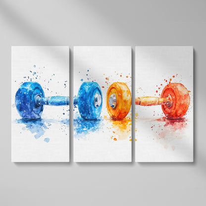 Watercolor Dumbbells Canvas Print, Blue & Orange as 3-panel split version