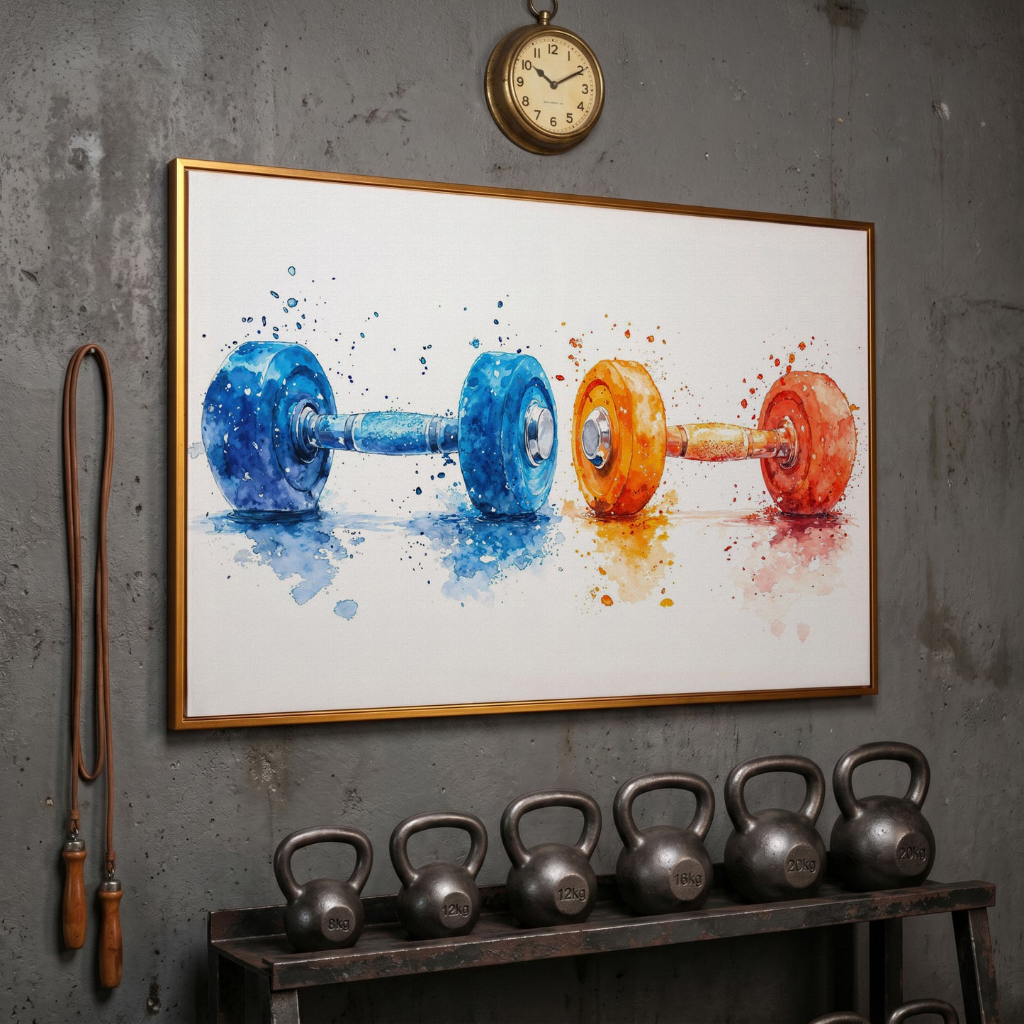 Watercolor Dumbbells Canvas Print, Blue & Orange in antique gold floating frame