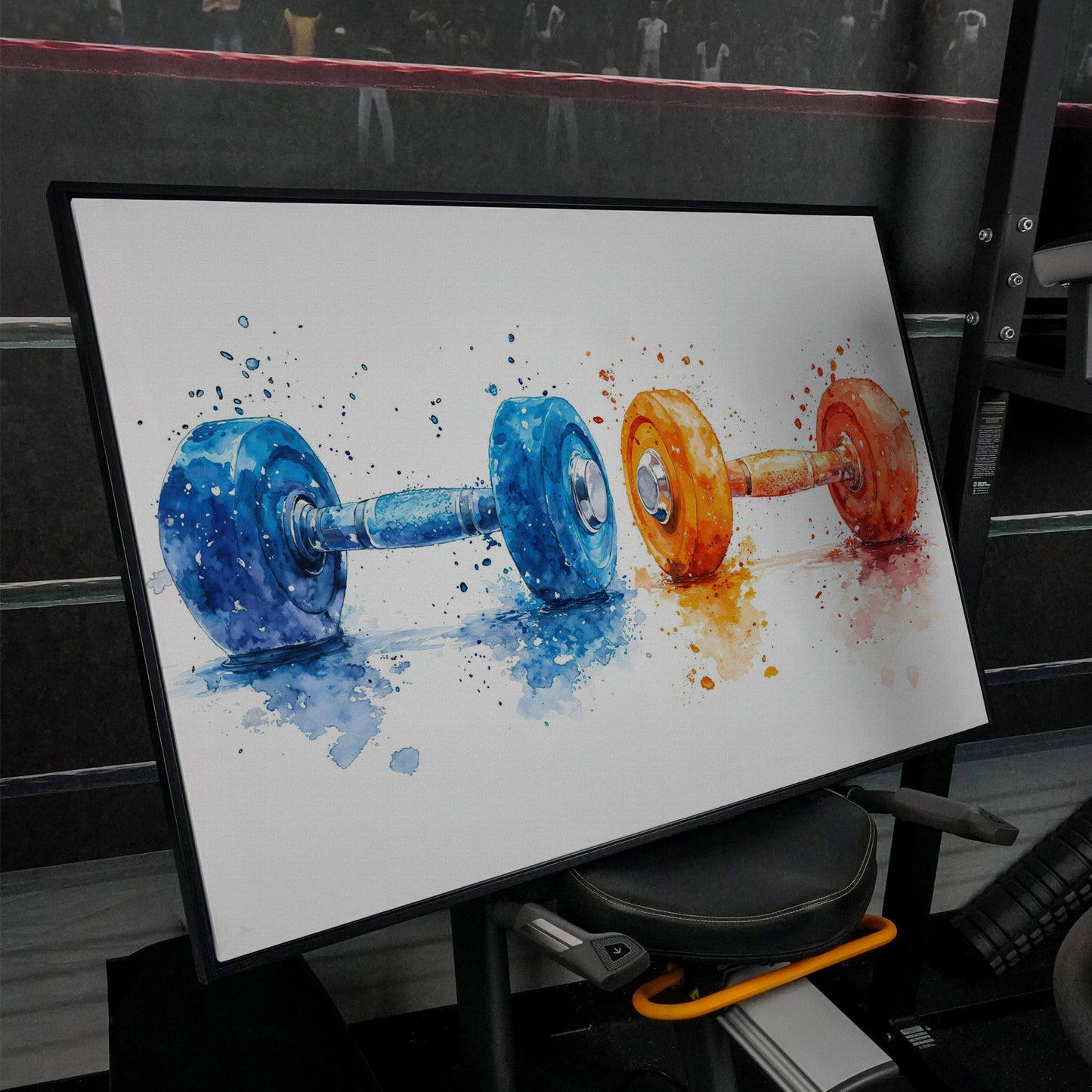 Watercolor Dumbbells Canvas Print, Blue & Orange in black floating frame