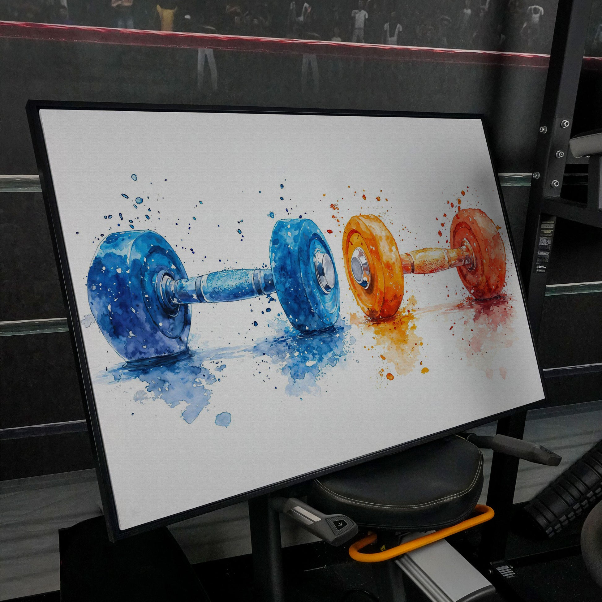 Watercolor Dumbbells Canvas Print, Blue & Orange in black floating frame