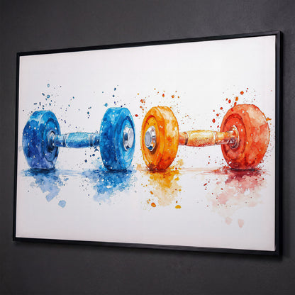 Watercolor Dumbbells Canvas Print, Blue & Orange shown in black floating frame