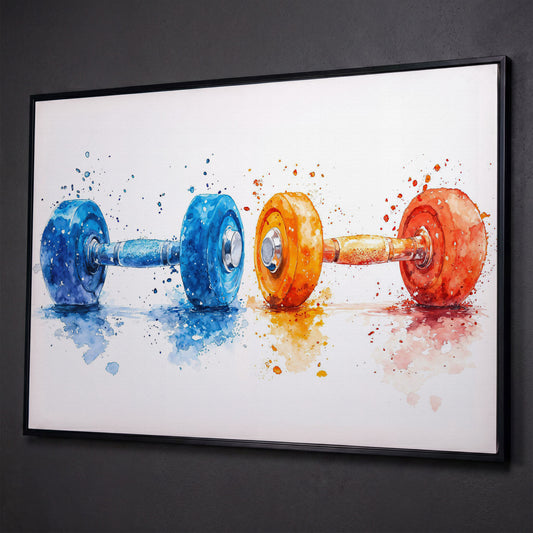 Watercolor Dumbbells Canvas Print, Blue & Orange shown in black floating frame