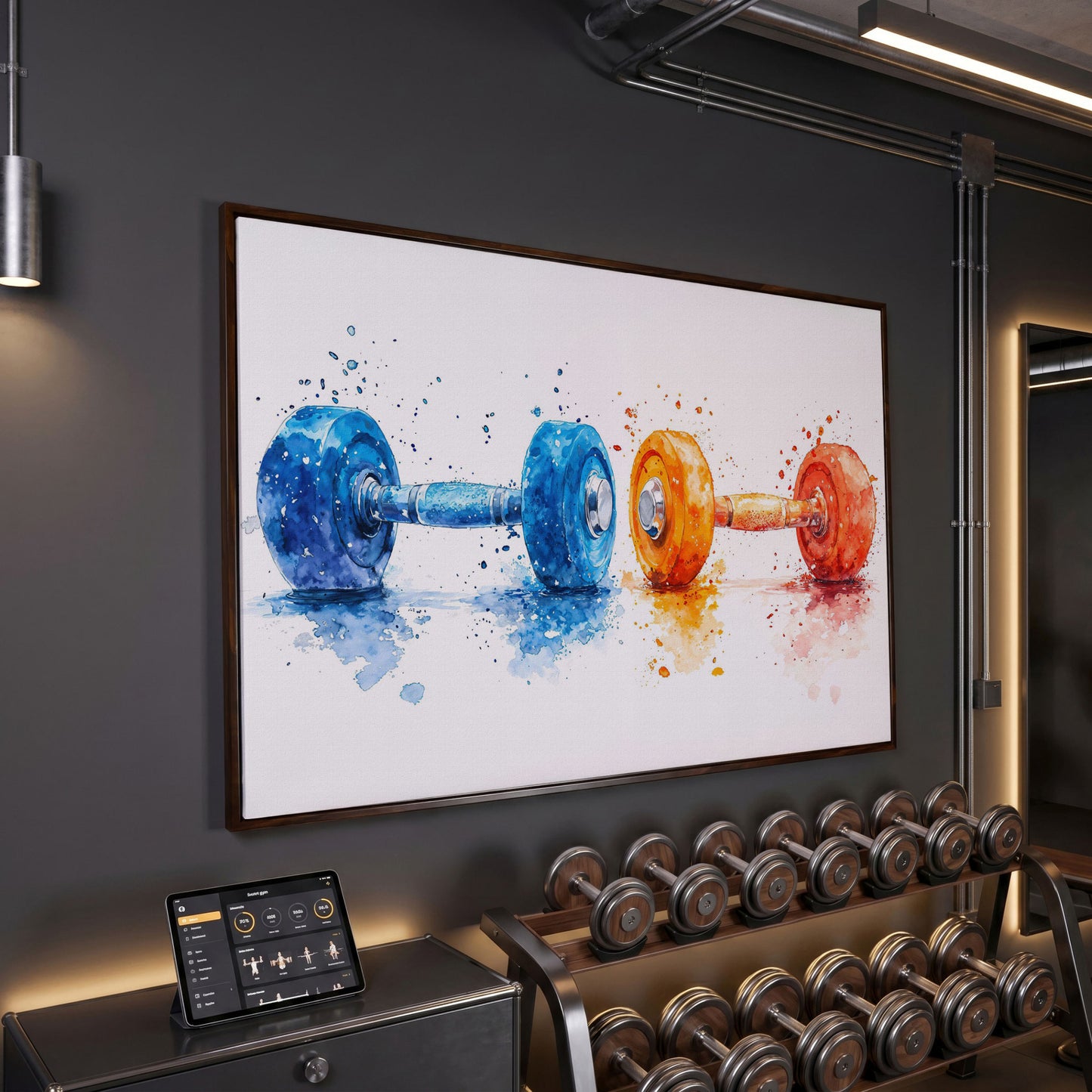 Watercolor Dumbbells Canvas Print, Blue & Orange in dark walnut floating frame