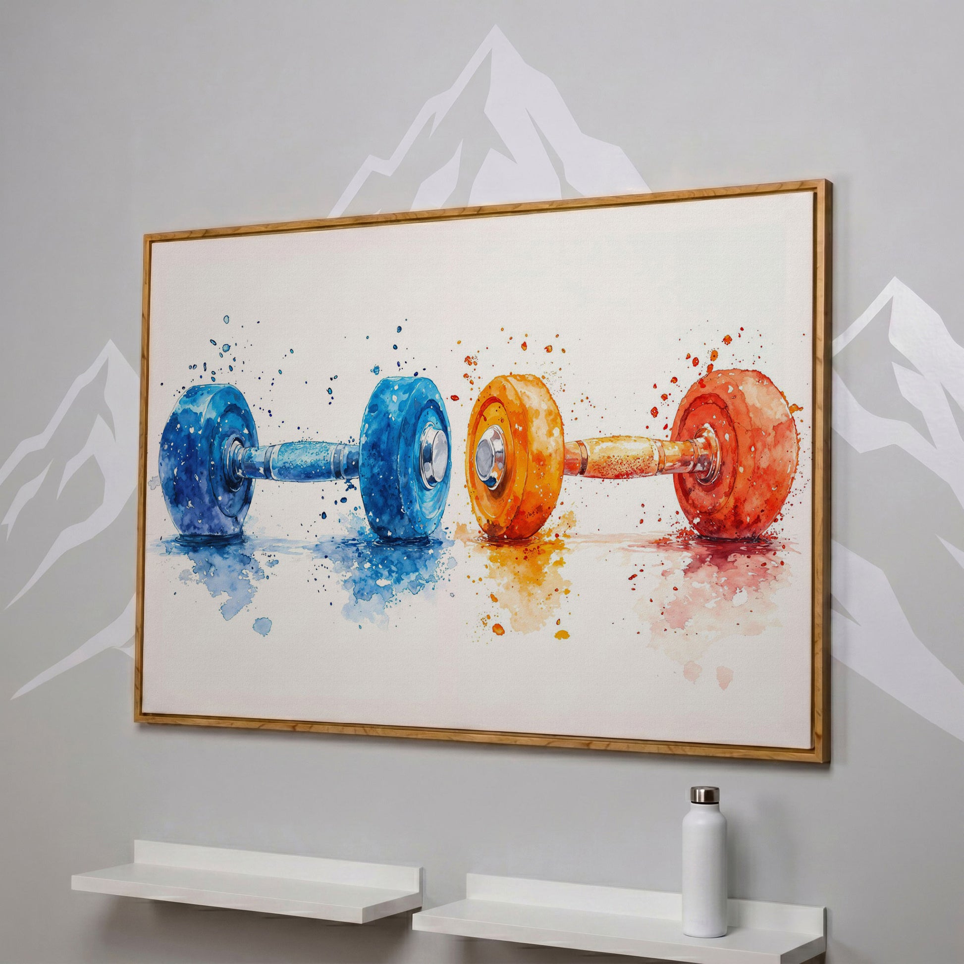 Watercolor Dumbbells Canvas Print, Blue & Orange in white oak floating frame