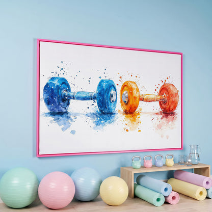 Watercolor Dumbbells Canvas Print, Blue & Orange in pink floating frame