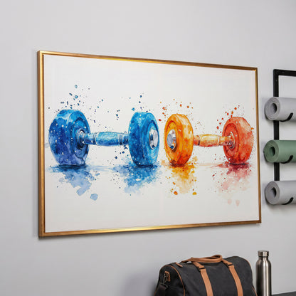 Watercolor Dumbbells Canvas Print, Blue & Orange in rose gold floating frame