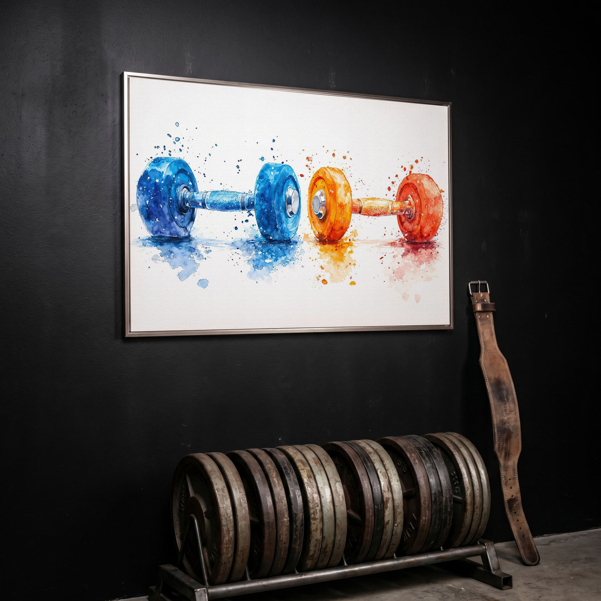 Watercolor Dumbbells Canvas Print, Blue & Orange in silver floating frame