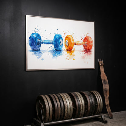 Watercolor Dumbbells Canvas Print, Blue & Orange in silver floating frame