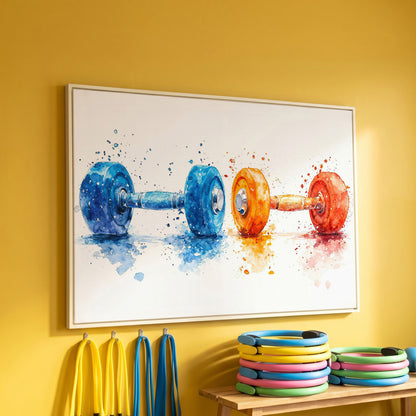 Watercolor Dumbbells Canvas Print, Blue & Orange in white floating frame