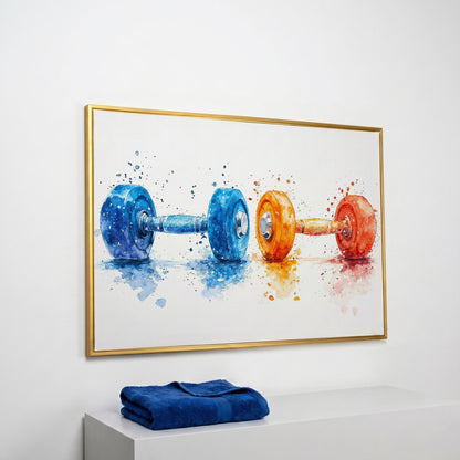Watercolor Dumbbells Canvas Print, Blue & Orange in yellow gold floating frame