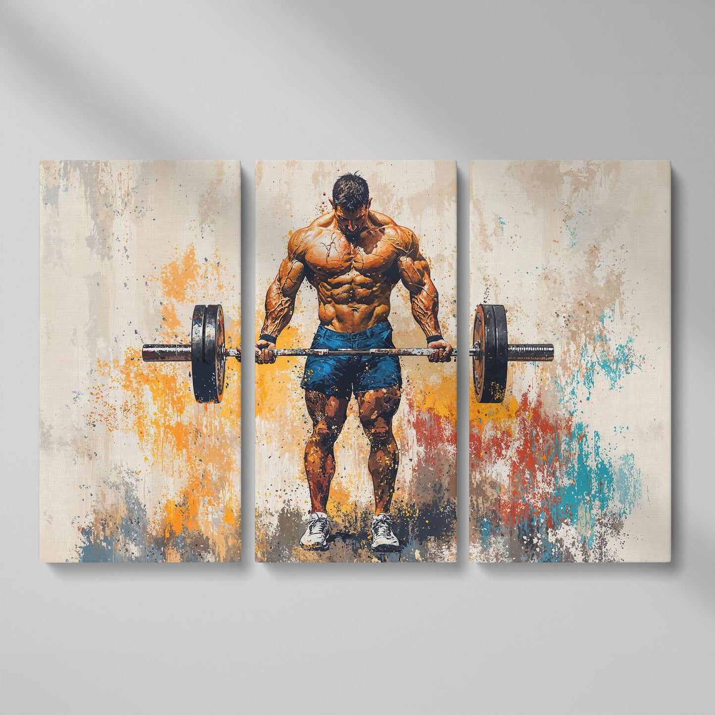 Bodybuilder with Barbell Canvas Print in Teal as 3-panel split version
