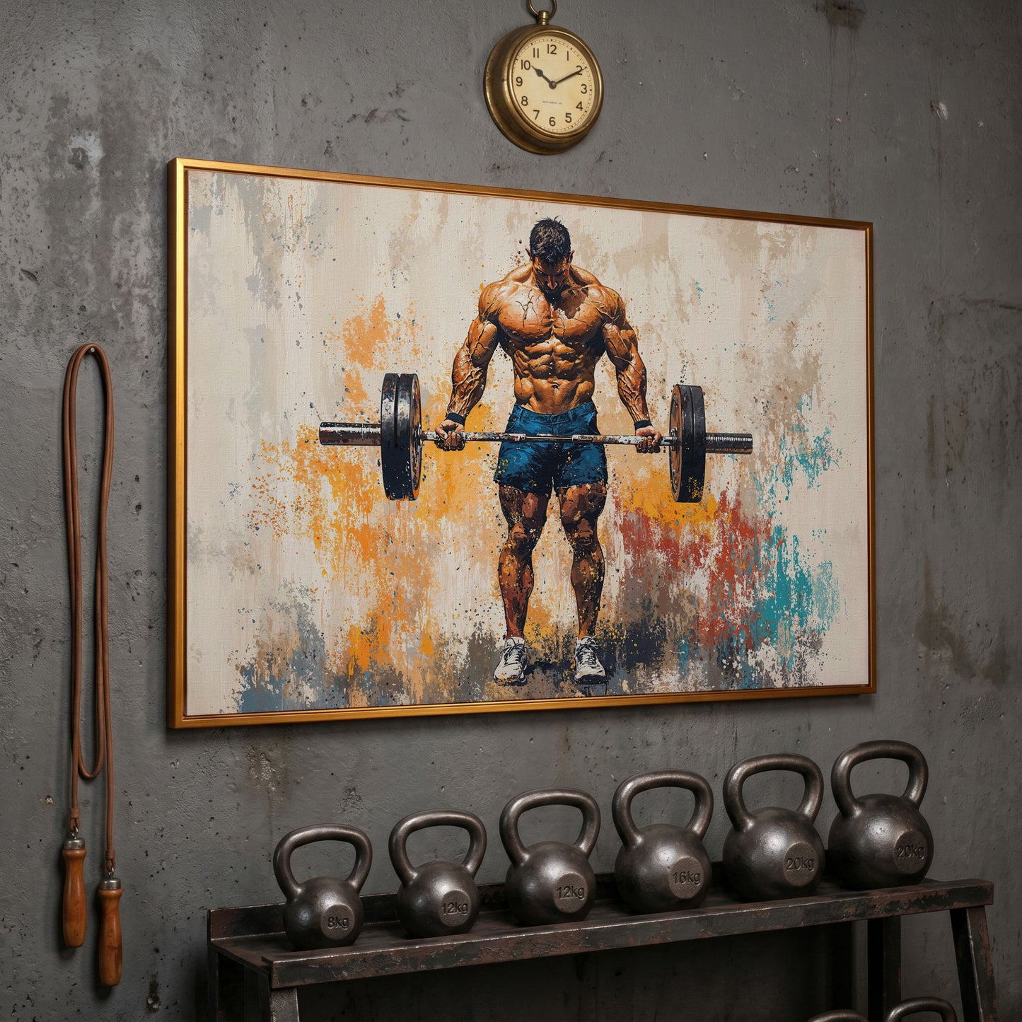Bodybuilder with Barbell Canvas Print in Teal in antique gold floating frame