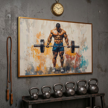 Bodybuilder with Barbell Canvas Print in Teal in antique gold floating frame
