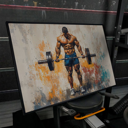 Bodybuilder with Barbell Canvas Print in Teal in black floating frame