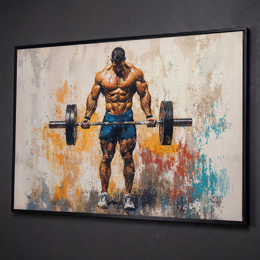 Bodybuilder with Barbell Canvas Print in Teal shown in black floating frame