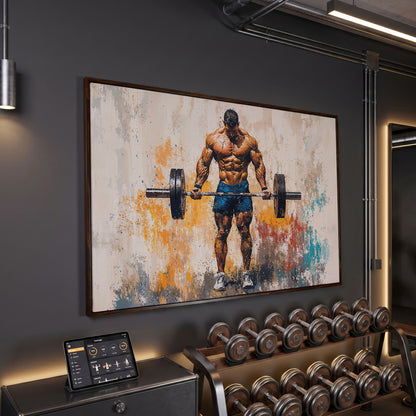 Bodybuilder with Barbell Canvas Print in Teal in dark walnut floating frame