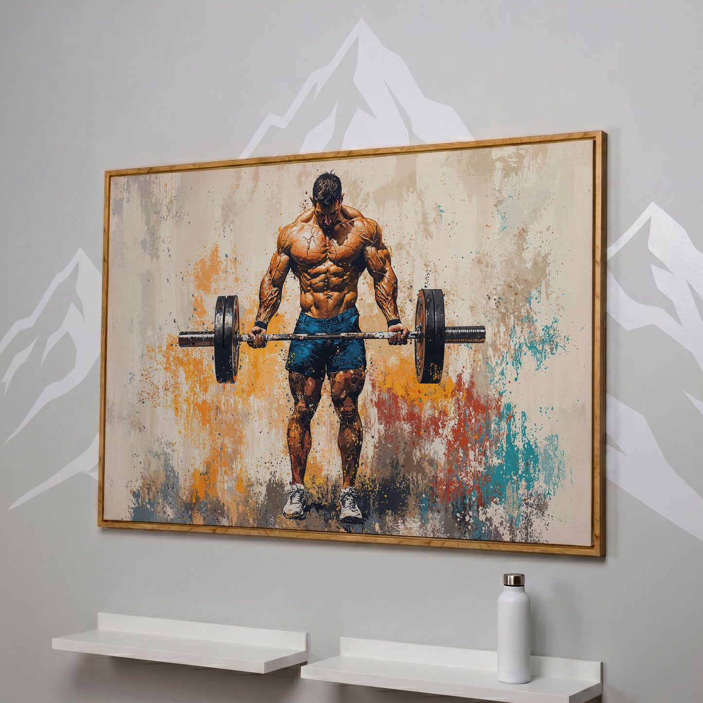 Bodybuilder with Barbell Canvas Print in Teal in white oak floating frame