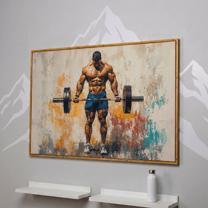 Bodybuilder with Barbell Canvas Print in Teal in white oak floating frame