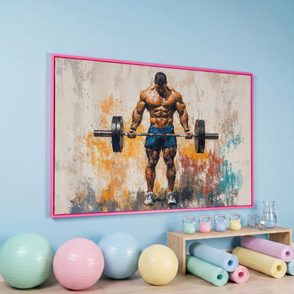 Bodybuilder with Barbell Canvas Print in Teal in pink floating frame